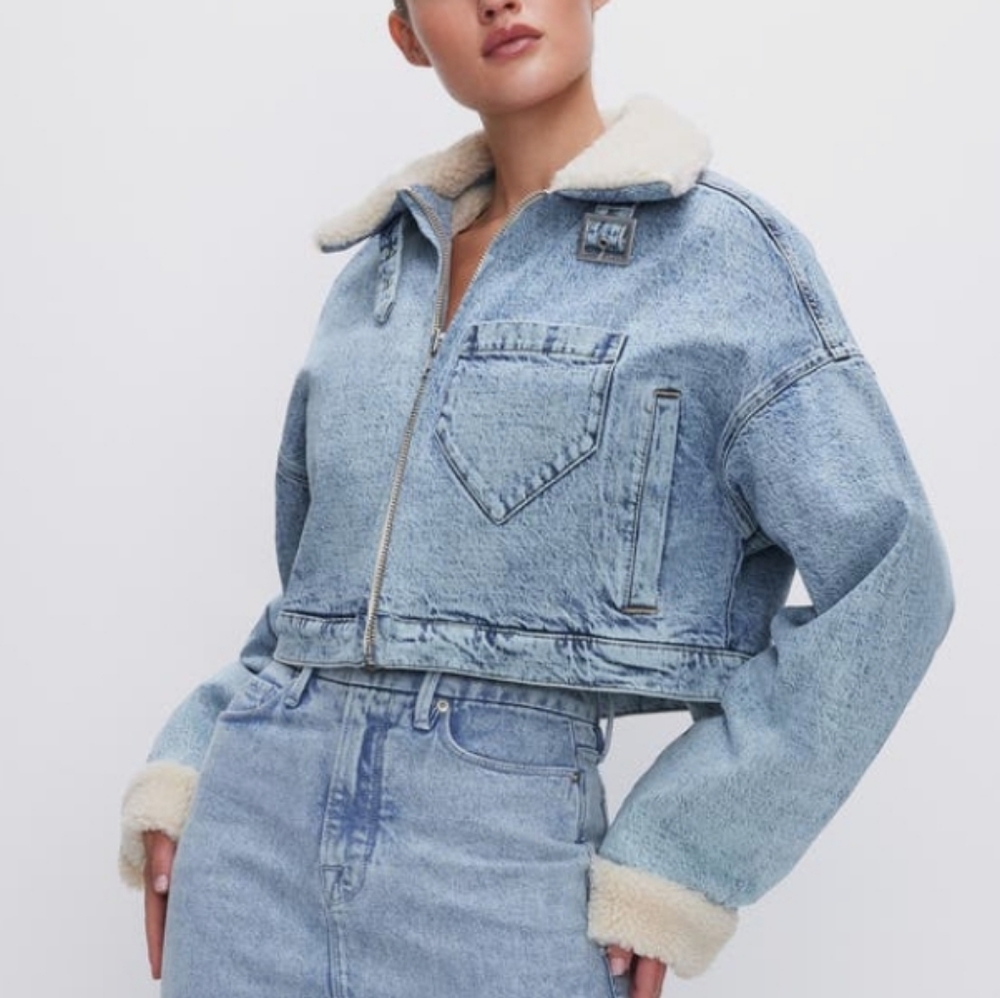 Good American Uniform Blue Denim Jacket with Shearling Cuffs XS NWT